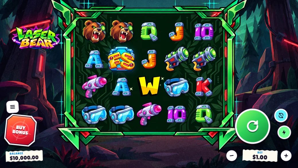 Laser Bear's base game: a 5×4 board in a neon forest, the bear and its laser guns among the symbols