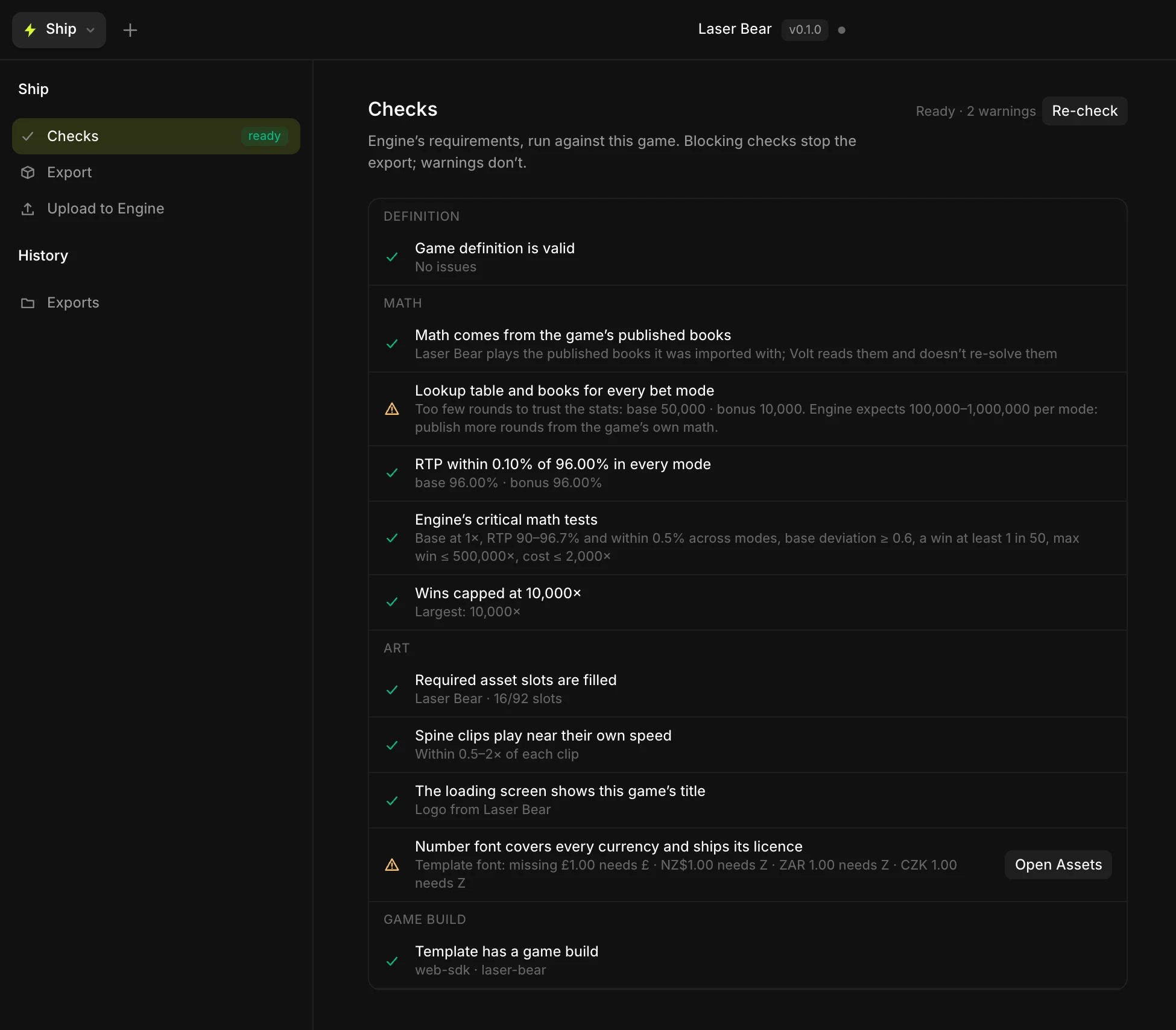 Ship → Checks for Laser Bear: Engine's requirements run against the game, ready with two warnings, one with an Open Assets button